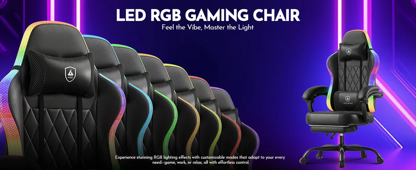 GTPLAYER Gaming Chair Ergonomic Office Chair with RGB LED Light, Adjustable Reclining Gamer Chair with Footrest, Lumbar Support & Storage Bag
