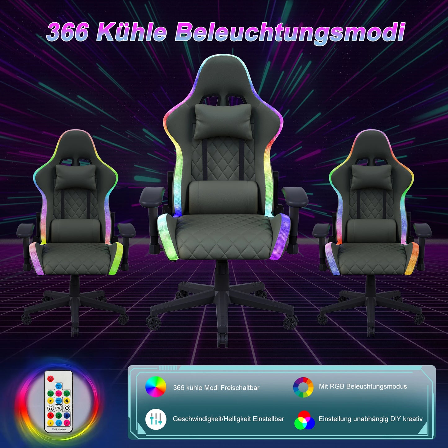 Comanlai Rgonomic Gaming Chair with RGB Lighting, PVC Leather Computer Chair, Adjustable Seat Height and Backrest, Waist Massage