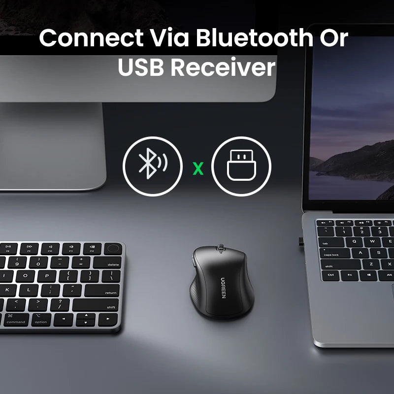 UGREEN Wireless Mouse Bluetooth 5.0 Ergonomic Mouse, 4000 DPI Silent Wireless Mouse with 2.4G USB Receiver, 6 Buttons for MacBook, Laptop, PC & Tablet