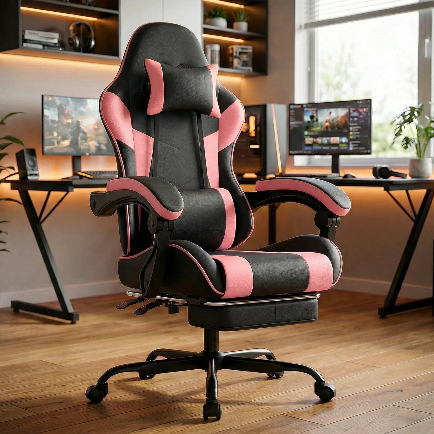 Black & Pink Gaming Chair Ergonomic PU Leather Computer Chair with Footrest, Adjustable High-Back Gaming Chair with Lumbar Support & Headrest