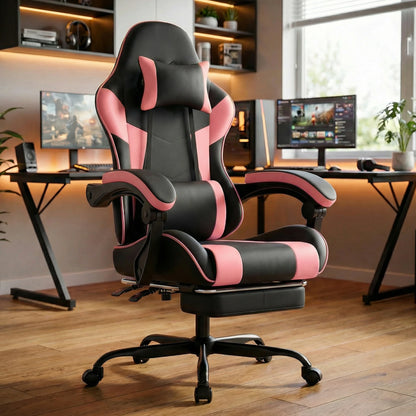 Black & Pink Gaming Chair Ergonomic PU Leather Computer Chair with Footrest, Adjustable High-Back Gaming Chair with Lumbar Support & Headrest