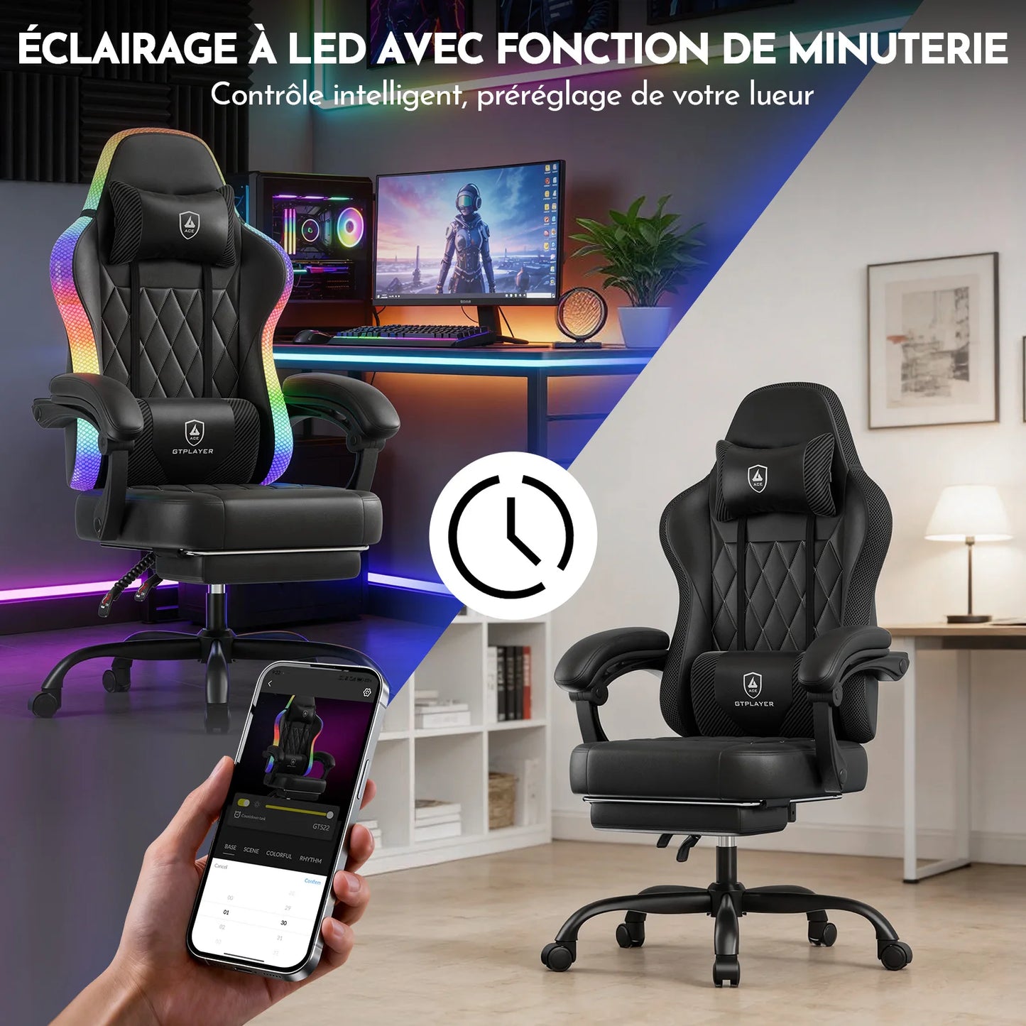 GTPLAYER Gaming Chair Ergonomic Office Chair with RGB LED Light, Adjustable Reclining Gamer Chair with Footrest, Lumbar Support & Storage Bag