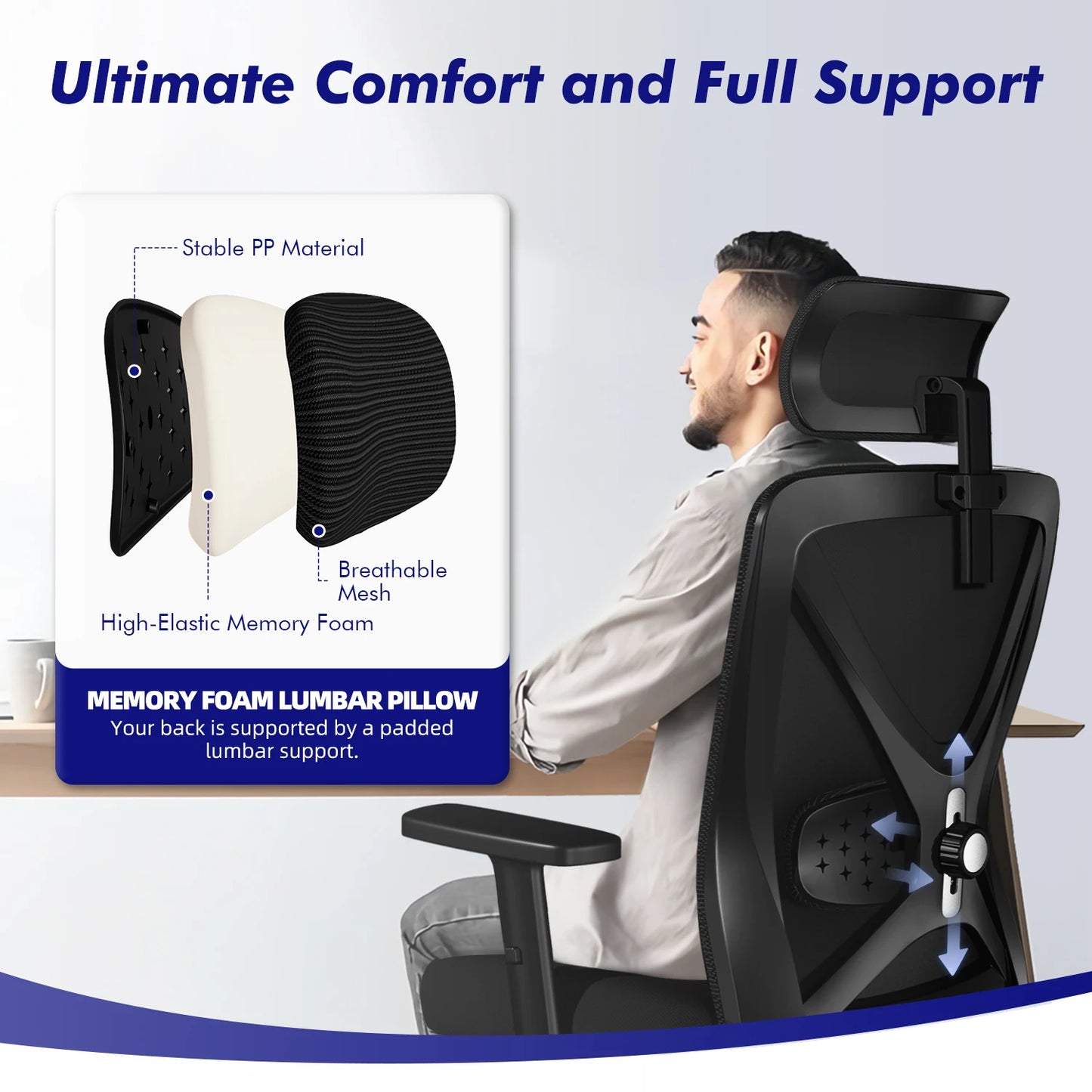 Hiazurm Ergonomic Office Chair with Lumbar Support, Adjustable Headrest & Armrests, Height Adjustable Desk Chair for Home Office, Gaming & Work