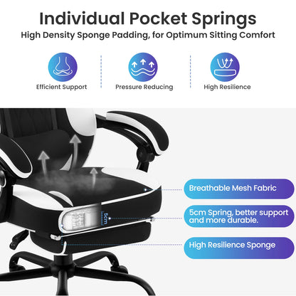 WOLTU Swivel Gaming Chair Ergonomic Office Chair with Footrest, Pocket Spring Cushion, Wide Seat, Adjustable Reclining Computer Chair