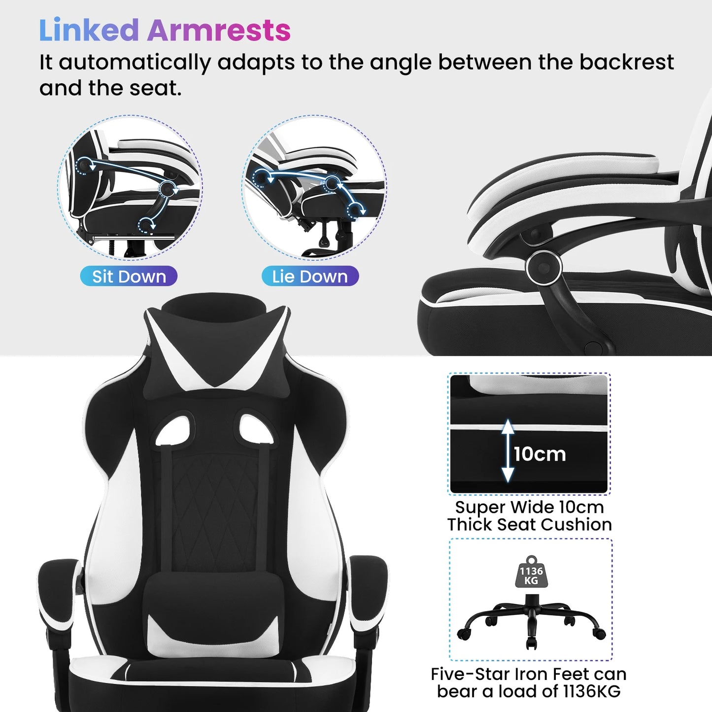 WOLTU Swivel Gaming Chair Ergonomic Office Chair with Footrest, Pocket Spring Cushion, Wide Seat, Adjustable Reclining Computer Chair