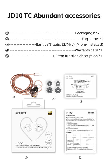 FiiO JD10 Wired In-Ear Earphones HiFi Bass Stereo Earbuds with 3.5mm Type-C Connector, High Resolution Audio Music Earphones for Gaming, Sports & Daily Use