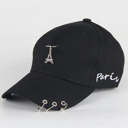 Modische Hip-Hop-Baseballkappe aus Baumwolle, kreative Piercing-Ring-Kappen, Punk, lässig für Erwachsene, einfarbig, verstellbar, Unisex-Mütze, Snapback-Kappen