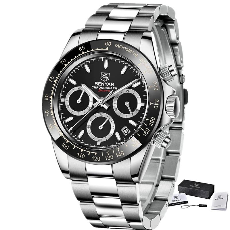 Zegarki męskie BENYAR – luksusowy chronograf, model sportowy, wodoodporny, ze stali nierdzewnej, z mechanizmem kwarcowym