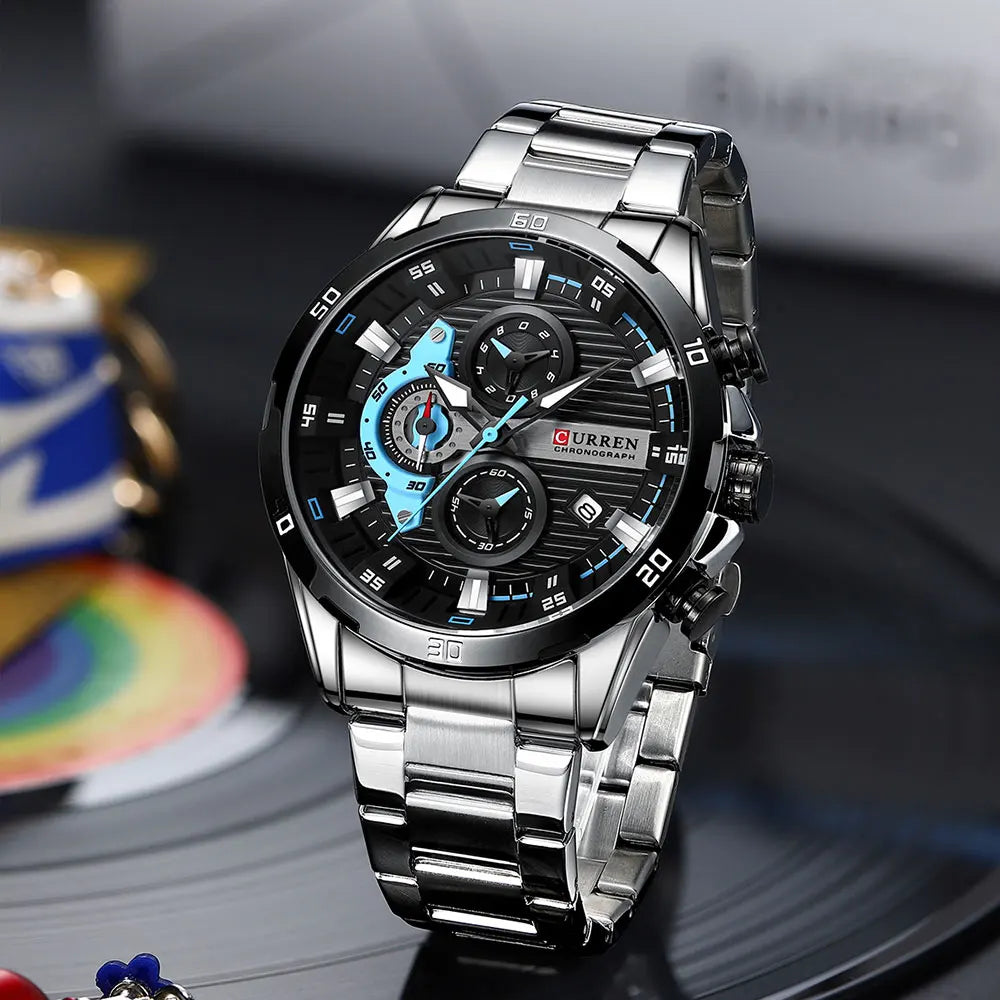 Orologio da uomo CURREN – Cronografo sportivo di lusso, movimento al quarzo, interamente in acciaio, impermeabile