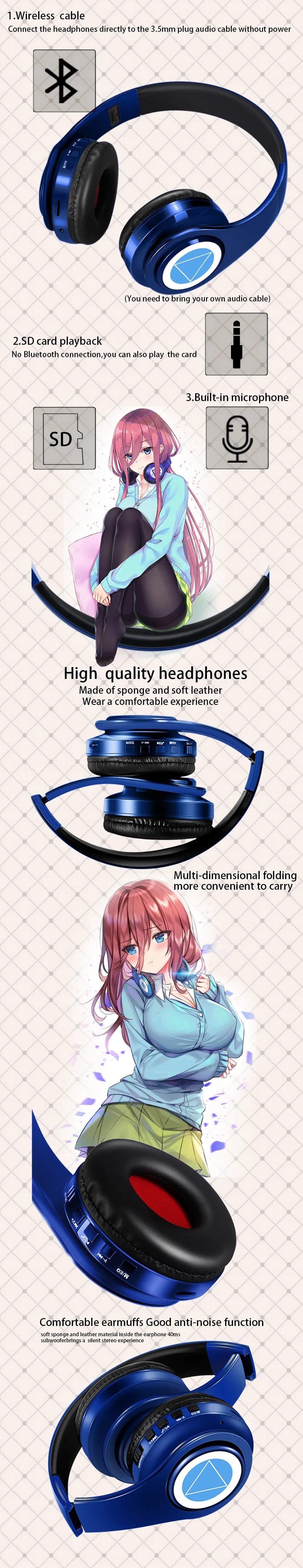 Miku Nakano Sanjiu Bluetooth 5.0 Over-Ear Anime Headphones – Wireless Stereo Gaming Headset with Deep Bass, Microphone & TF Card Support