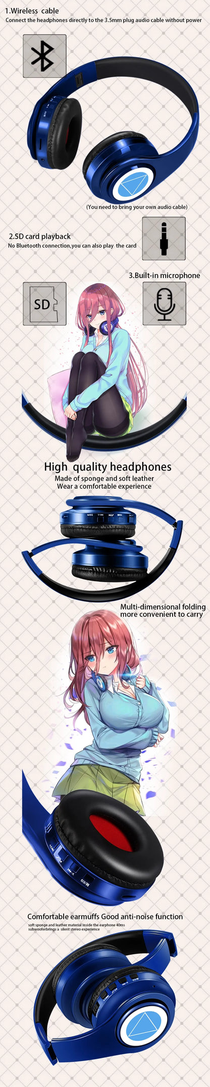 Miku Nakano Sanjiu Bluetooth 5.0 Over-Ear Anime Headphones – Wireless Stereo Gaming Headset with Deep Bass, Microphone & TF Card Support
