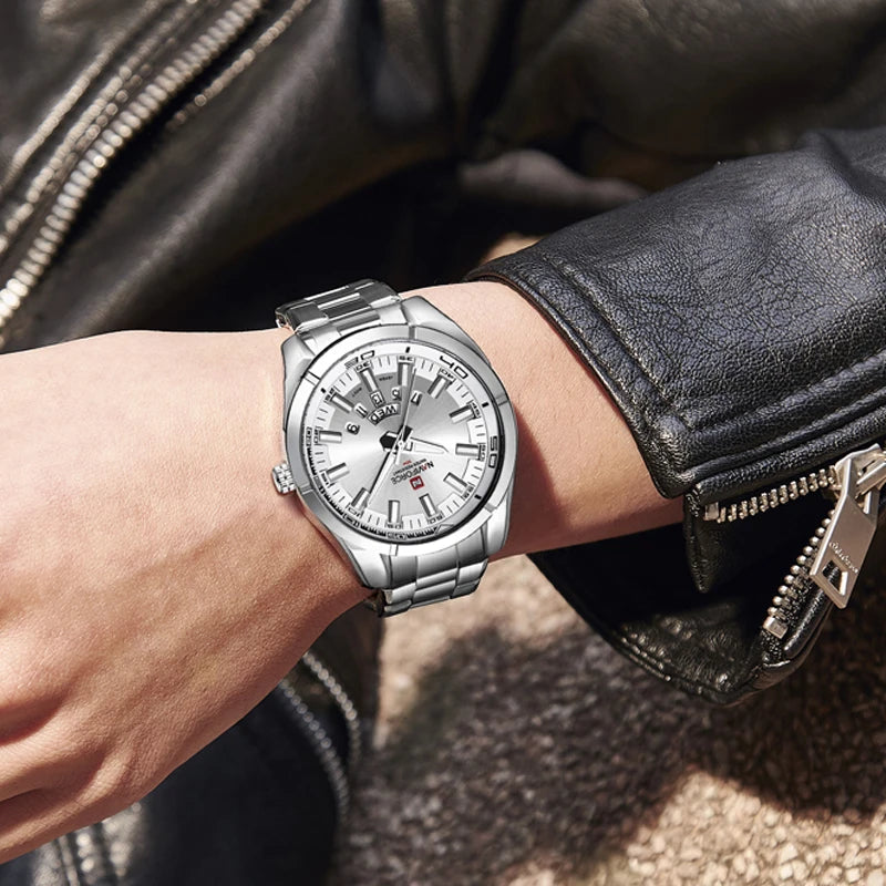 Ceas pentru bărbați NAVIFORCE, realizat integral din oțel, rezistent la apă, stil casual, mecanism cu cuarț și afișaj al datei – Ceas de mână de lux pentru bărbați, de la o marcă de renume.