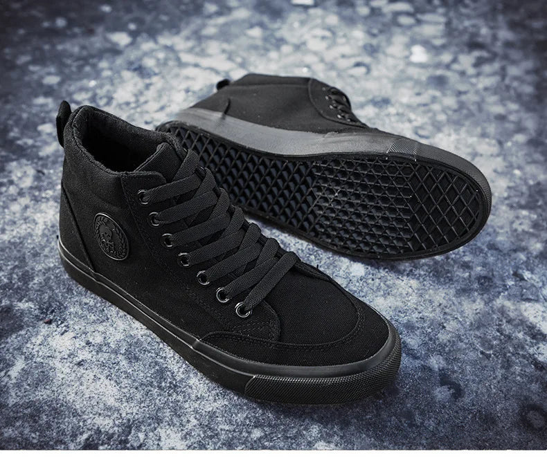 Baskets montantes en toile pour hommes, chaussures de Skate décontractées à lacets, toutes noires, pour étudiants, semelle plate, chaussures de Sport confortables