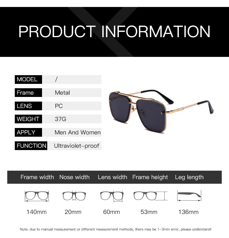 Classic Square Sunglasses Cool Men Vintage Luxury Brand Design Metal Sun Glasses Women Shades UV400 Oculos De Sol