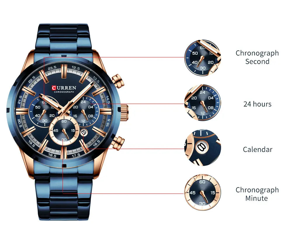 Curren Herrenuhr mit blauem Zifferblatt, Edelstahlarmband und Datumsanzeige – wasserdichte Business-Armbanduhr für Herren im Luxus-Stil