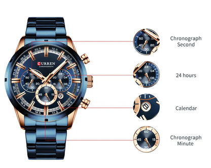 Curren Herrenuhr mit blauem Zifferblatt, Edelstahlarmband und Datumsanzeige – wasserdichte Business-Armbanduhr für Herren im Luxus-Stil
