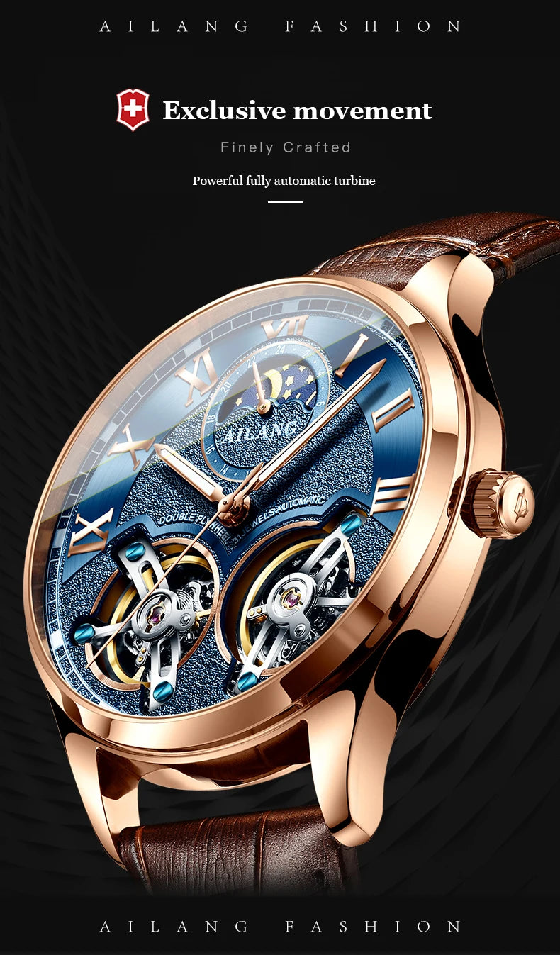 AILANG Double Tourbillon Design Business Men Mechanical Watch Fashion Leather Moon Phase Automatic Watches for Mens Reloj Hombre