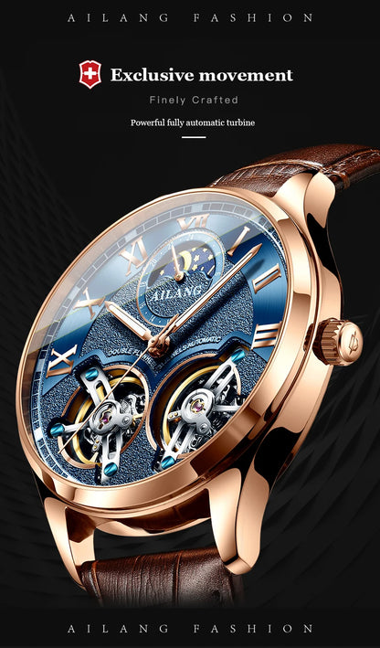 AILANG Double Tourbillon Design Business Men Mechanical Watch Fashion Leather Moon Phase Automatic Watches for Mens Reloj Hombre