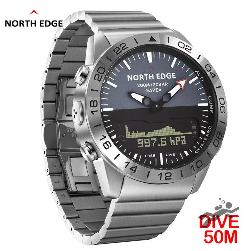 NORTH EDGE Herren-Taucheruhr Military Army Luxury aus Vollstahl – Smartwatch mit Kompass, Höhenmesser, Barometer, digitaler Uhr, wasserdicht bis 200m