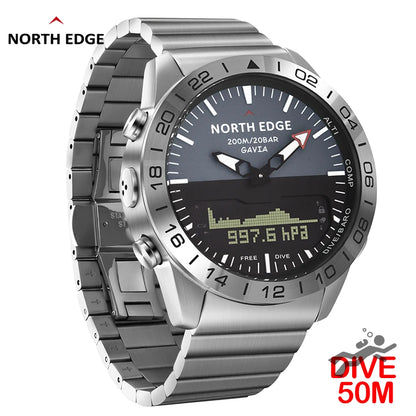 NORTH EDGE Herren-Taucheruhr Military Army Luxury aus Vollstahl – Smartwatch mit Kompass, Höhenmesser, Barometer, digitaler Uhr, wasserdicht bis 200m