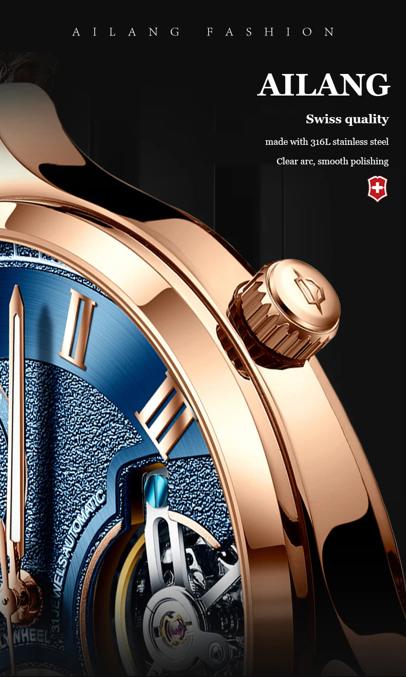 AILANG Double Tourbillon Design Business Men Mechanical Watch Fashion Leather Moon Phase Automatic Watches for Mens Reloj Hombre