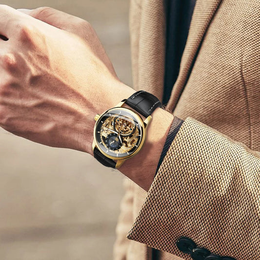 Automatické mechanické hodinky WINNER, klasický retro styl, luxusní model s tourbillonem a skeletovým ciferníkem, vybavený ukazatelem fáze měsíce a řemínkem z pravé kůže.