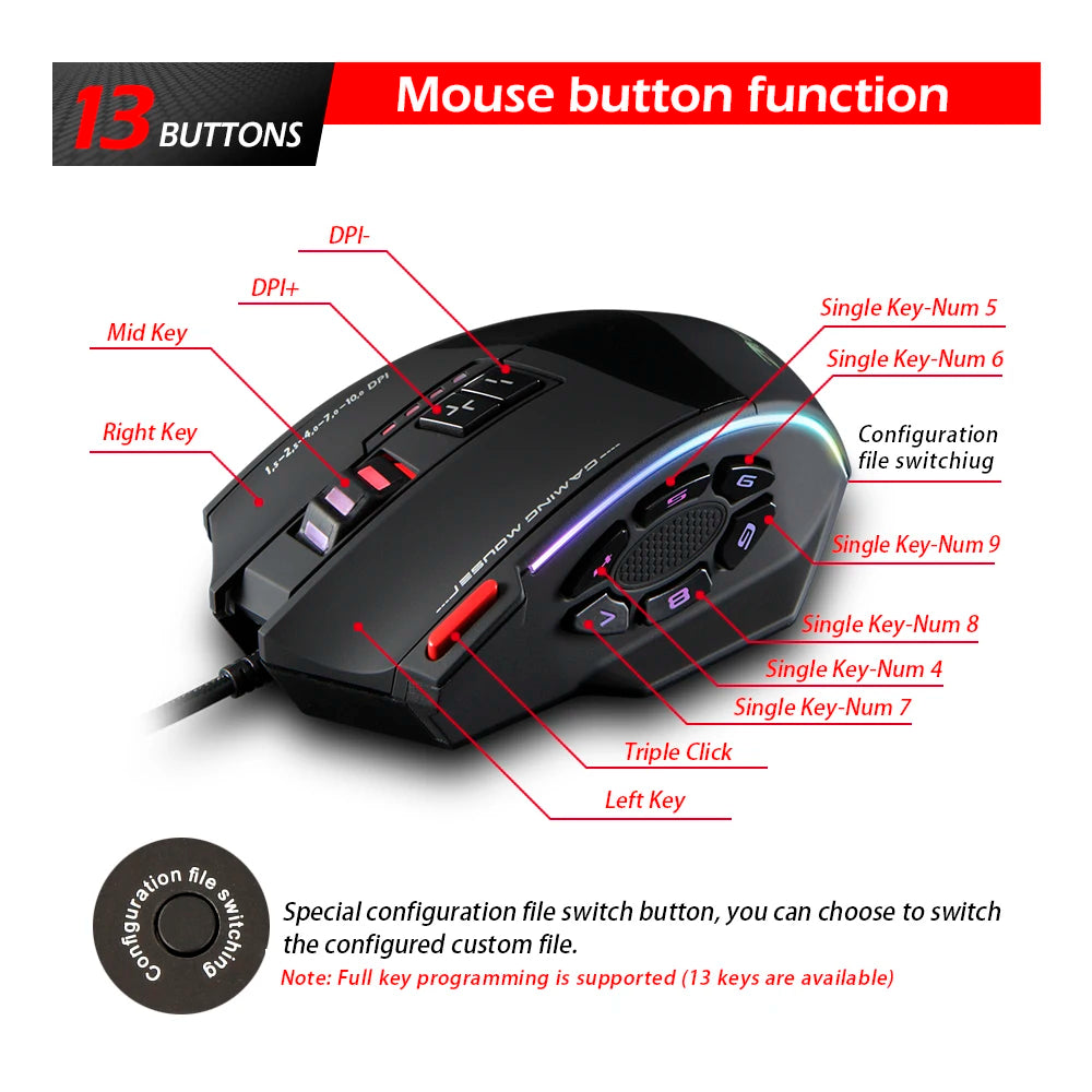 ZELOTES C-13 RGB Gaming Mouse, 10000 DPI Wired Gaming Mouse with 13 Programmable Buttons, RGB Backlit USB Gaming Mouse for PC & Desktop