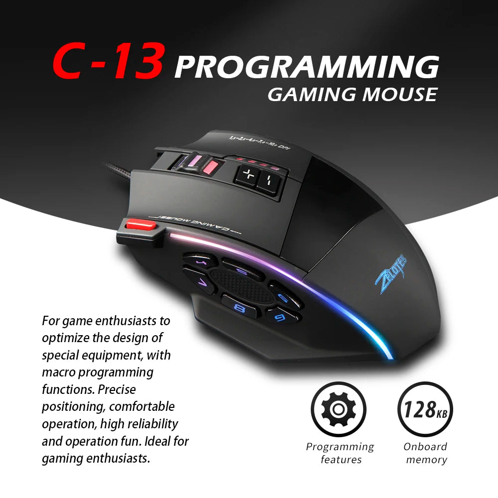 ZELOTES C-13 RGB Gaming Mouse, 10000 DPI Wired Gaming Mouse with 13 Programmable Buttons, RGB Backlit USB Gaming Mouse for PC & Desktop