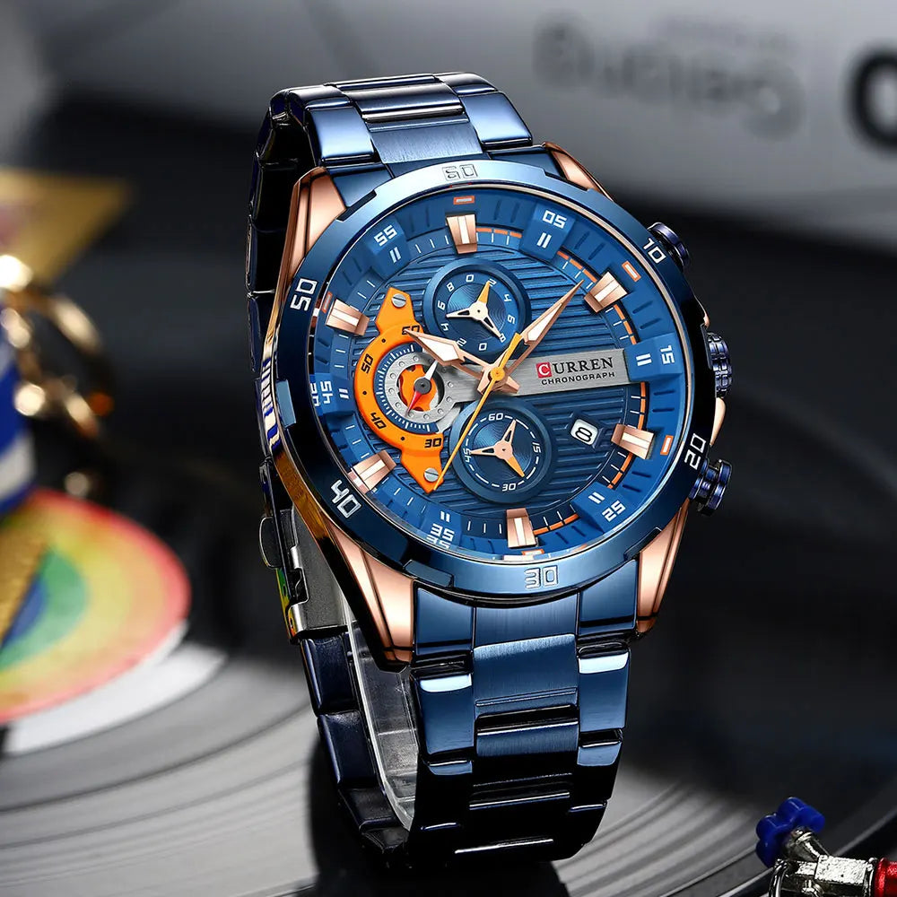 Orologio da uomo CURREN – Cronografo sportivo di lusso, movimento al quarzo, interamente in acciaio, impermeabile