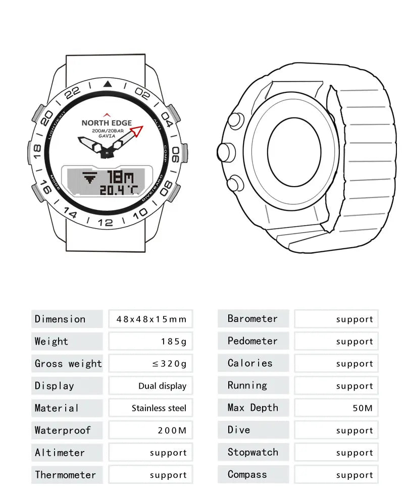 NORTH EDGE Herren-Taucheruhr Military Army Luxury aus Vollstahl – Smartwatch mit Kompass, Höhenmesser, Barometer, digitaler Uhr, wasserdicht bis 200m