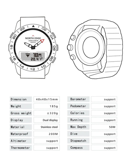 NORTH EDGE Herren-Taucheruhr Military Army Luxury aus Vollstahl – Smartwatch mit Kompass, Höhenmesser, Barometer, digitaler Uhr, wasserdicht bis 200m