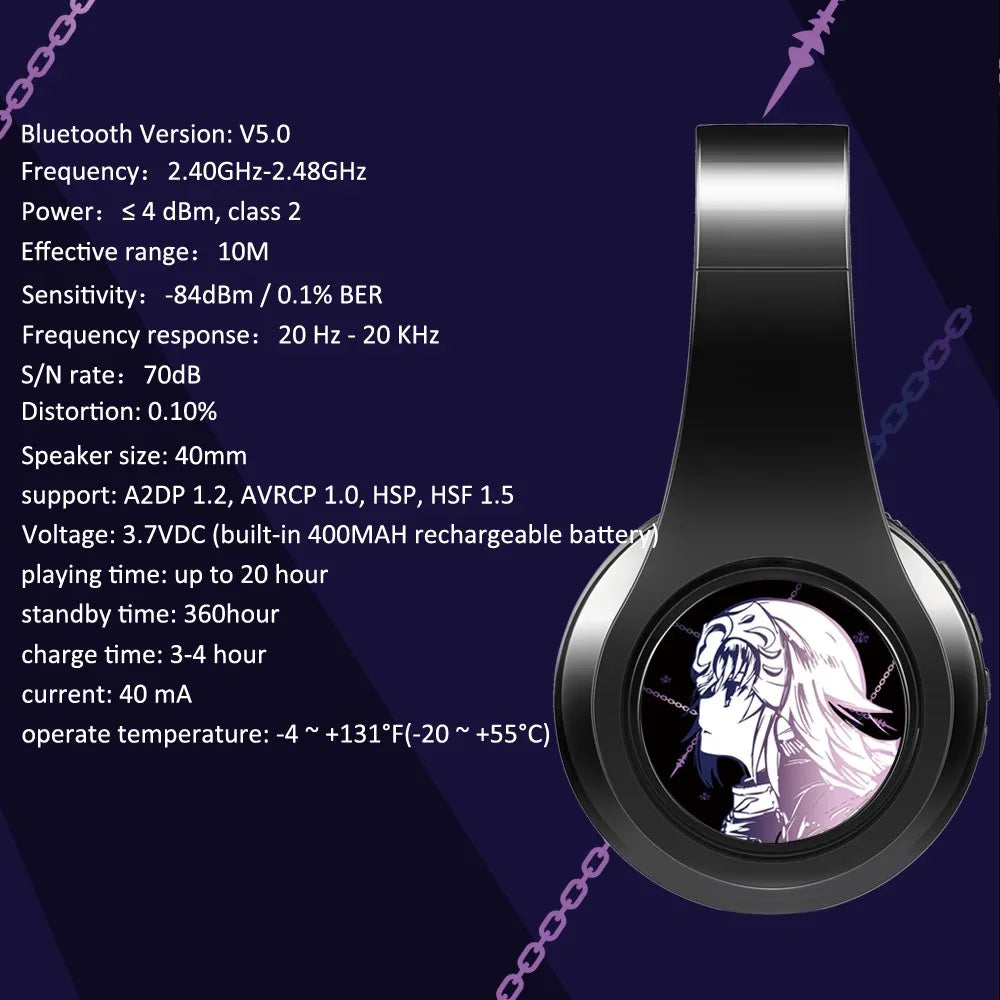 Fate Grand Order Jeanne d'Arc Anime Bluetooth Headphones Wireless Gaming Headset with Microphone, Stereo Sound, Silent Disco Earphones