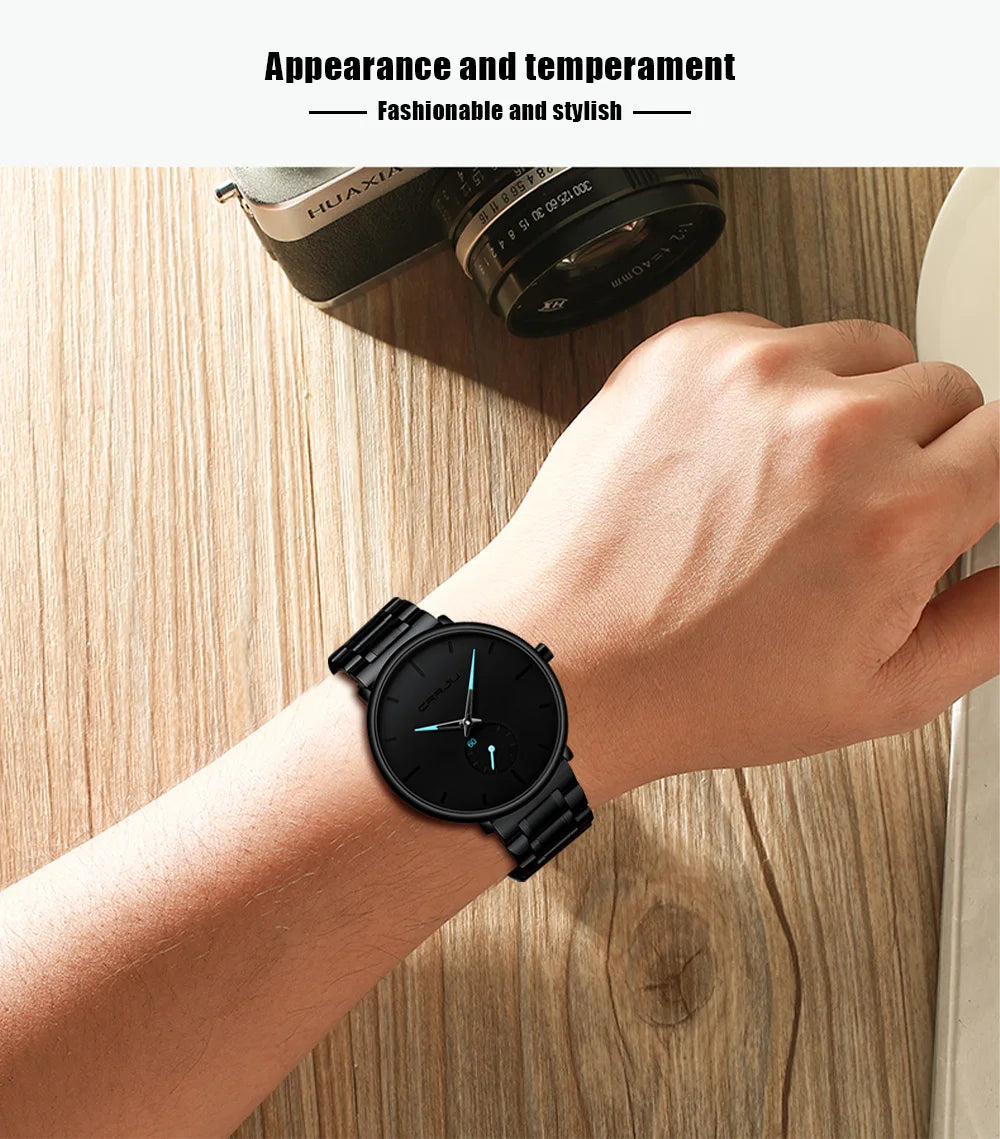 Montre pour homme CRRJU – Montre-bracelet en acier inoxydable, style décontracté et luxueux, étanche, montre de sport à quartz pour homme