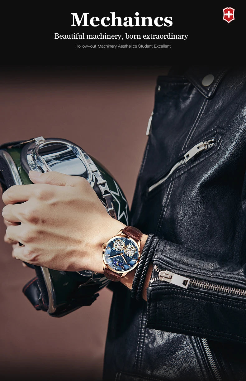 AILANG Double Tourbillon Design Business Men Mechanical Watch Fashion Leather Moon Phase Automatic Watches for Mens Reloj Hombre