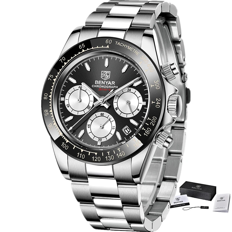 Zegarki męskie BENYAR – luksusowy chronograf, model sportowy, wodoodporny, ze stali nierdzewnej, z mechanizmem kwarcowym
