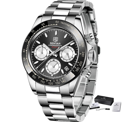 Zegarki męskie BENYAR – luksusowy chronograf, model sportowy, wodoodporny, ze stali nierdzewnej, z mechanizmem kwarcowym