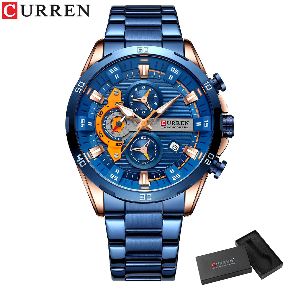 Orologio da uomo CURREN – Cronografo sportivo di lusso, movimento al quarzo, interamente in acciaio, impermeabile
