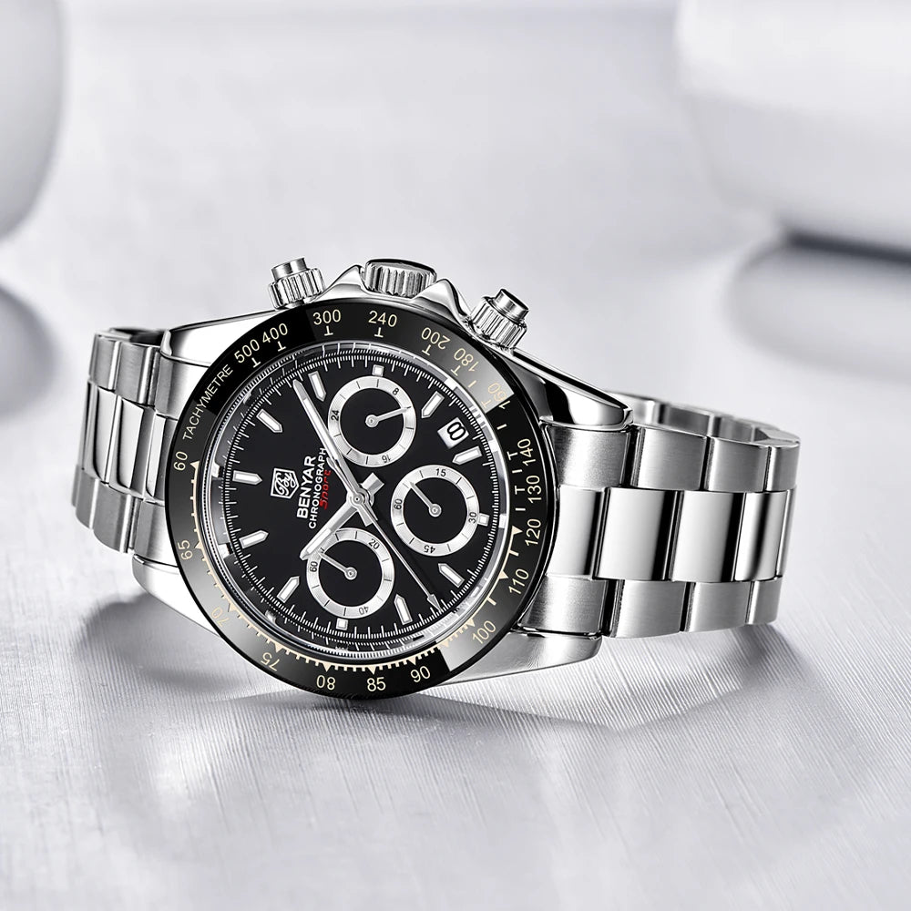 Zegarki męskie BENYAR – luksusowy chronograf, model sportowy, wodoodporny, ze stali nierdzewnej, z mechanizmem kwarcowym