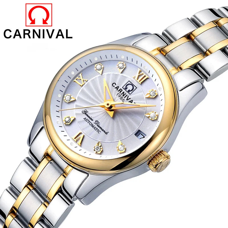 Relógio de pulso mecânico para mulher da marca CARNIVAL – Modelo elegante, movimento automático, vidro de safira, resistente à água.