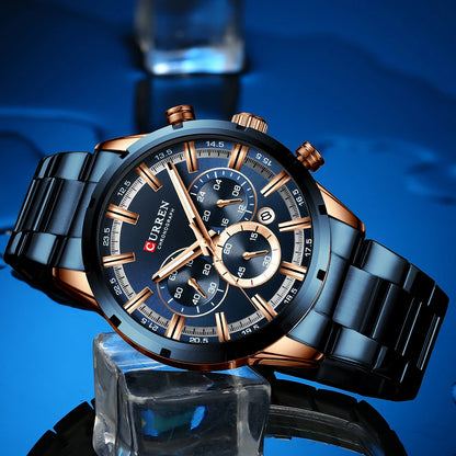 Curren Herrenuhr mit blauem Zifferblatt, Edelstahlarmband und Datumsanzeige – wasserdichte Business-Armbanduhr für Herren im Luxus-Stil