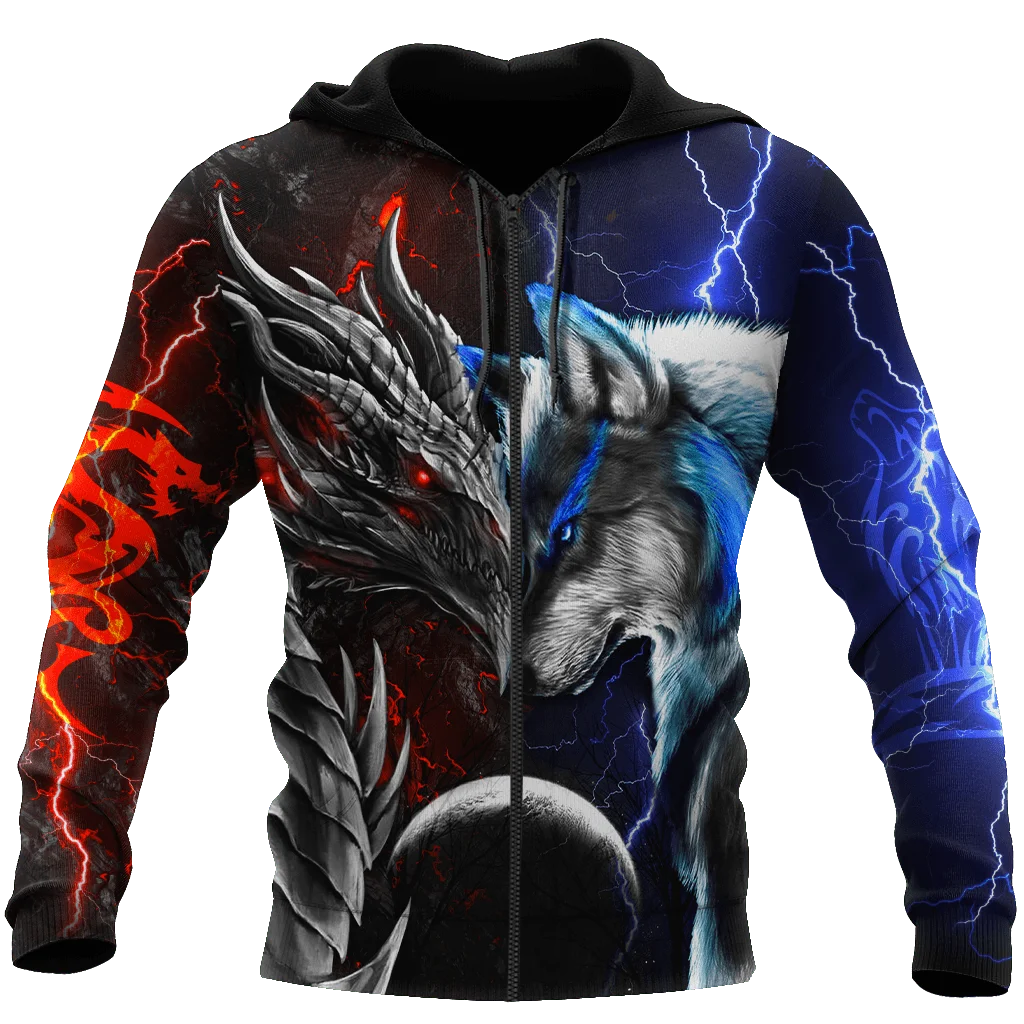 Sweatshirt com capuz de outono para homem, estampado 3D com dragão e lobo vermelho e azul, unissexo, estilo streetwear casual, casaco com fecho, pullover KJ494
