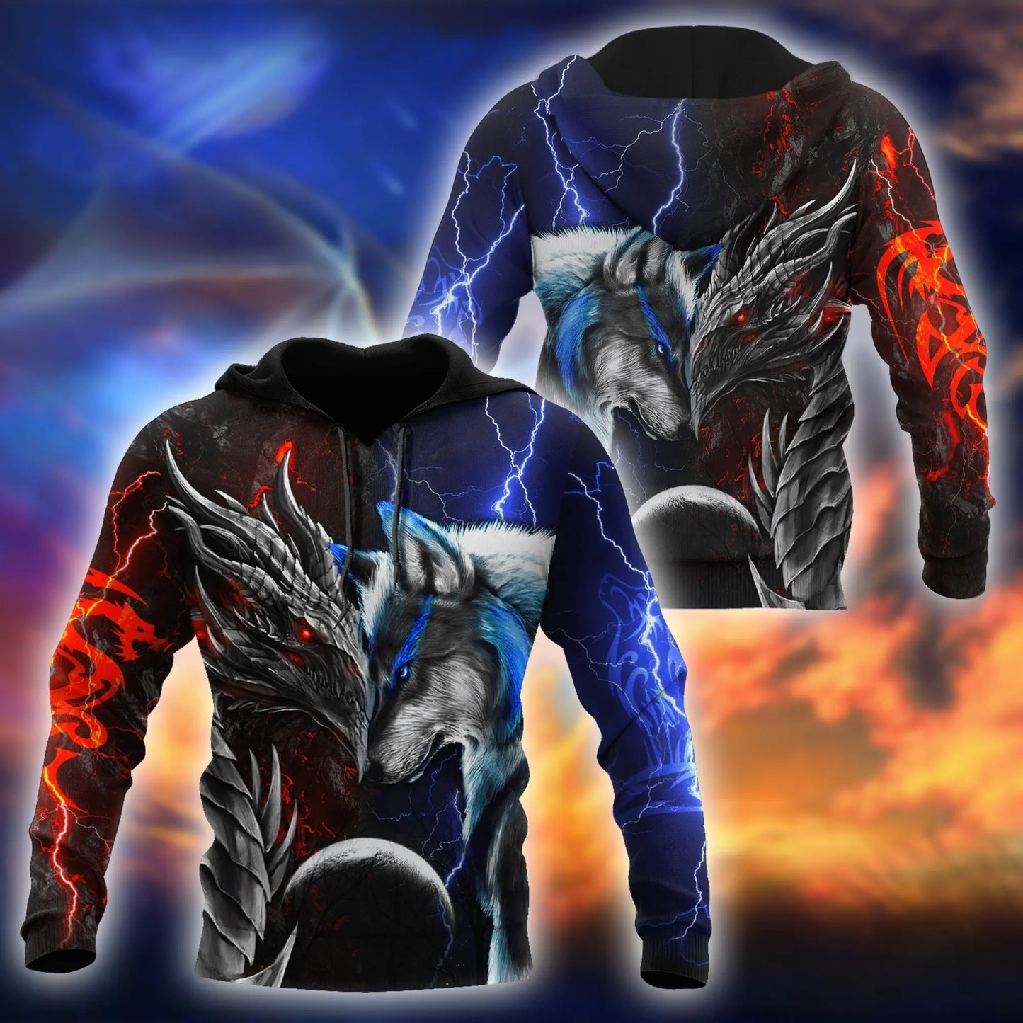 Sweatshirt com capuz de outono para homem, estampado 3D com dragão e lobo vermelho e azul, unissexo, estilo streetwear casual, casaco com fecho, pullover KJ494
