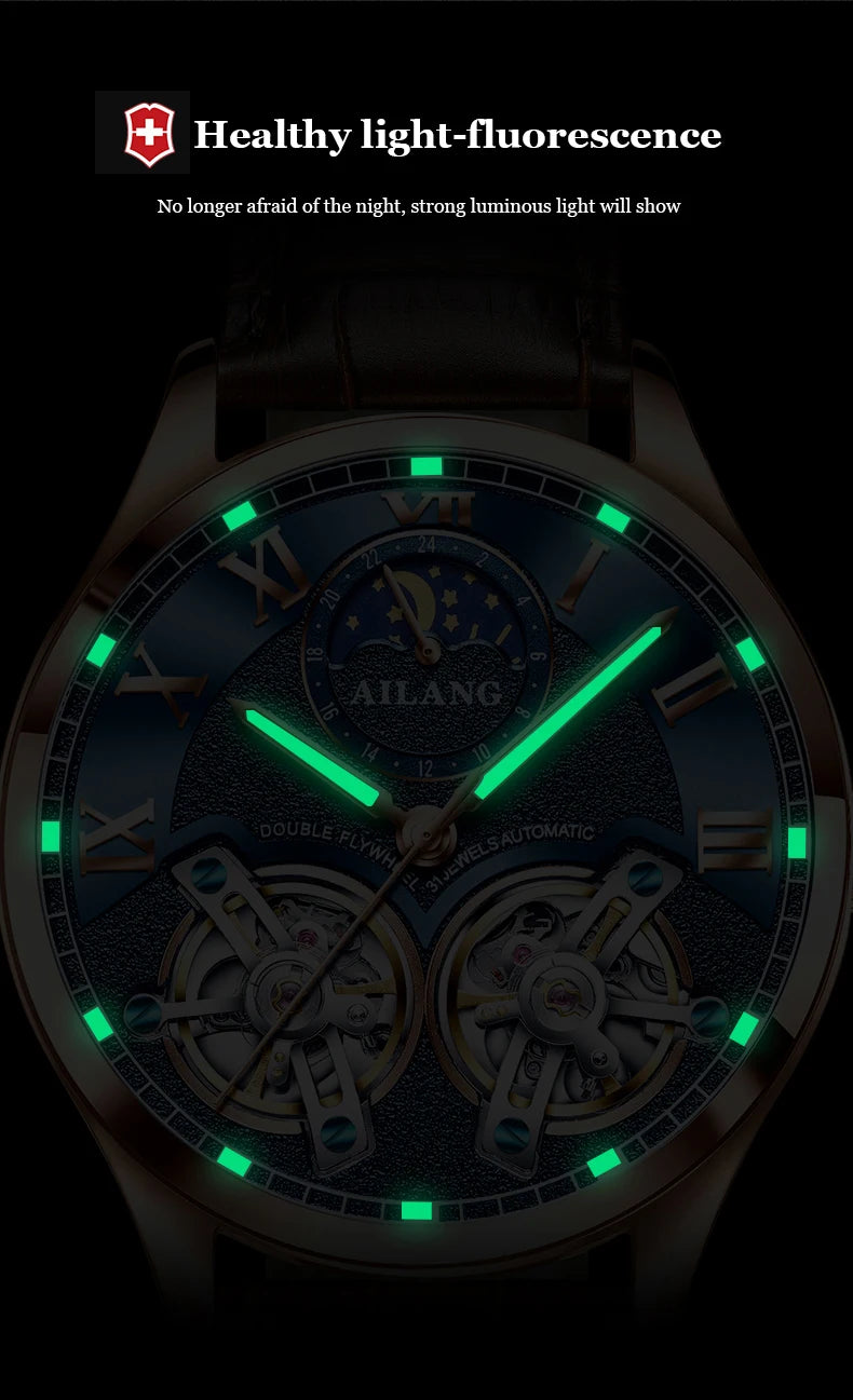 AILANG Double Tourbillon Design Business Men Mechanical Watch Fashion Leather Moon Phase Automatic Watches for Mens Reloj Hombre