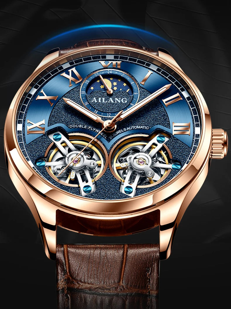 AILANG Double Tourbillon Design Business Men Mechanical Watch Fashion Leather Moon Phase Automatic Watches for Mens Reloj Hombre