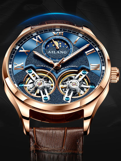 AILANG Double Tourbillon Design Business Men Mechanical Watch Fashion Leather Moon Phase Automatic Watches for Mens Reloj Hombre