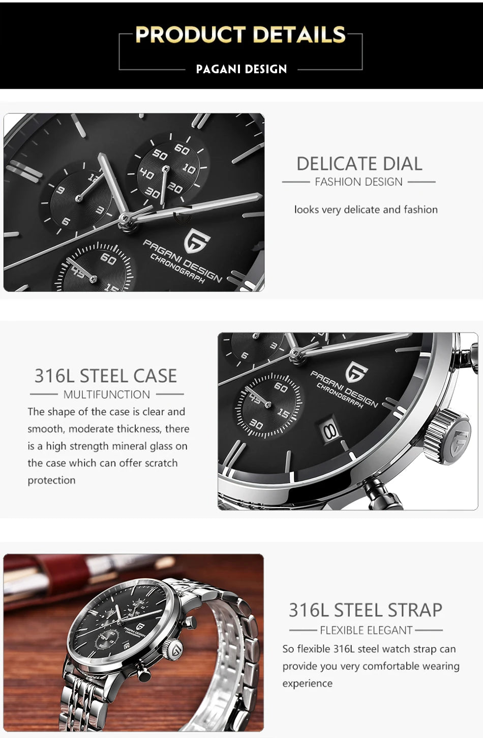 PAGANI DESIGN Men's Fashion Casual Brand Watch Waterproof 30m Luxury Leather Sports Quartz Chronograph VK67 Relogio Masculino