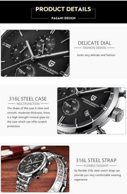 PAGANI DESIGN Men's Fashion Casual Brand Watch Waterproof 30m Luxury Leather Sports Quartz Chronograph VK67 Relogio Masculino