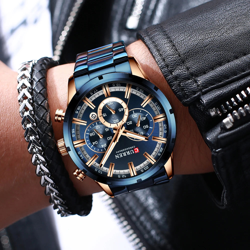 Curren Herrenuhr mit blauem Zifferblatt, Edelstahlarmband und Datumsanzeige – wasserdichte Business-Armbanduhr für Herren im Luxus-Stil