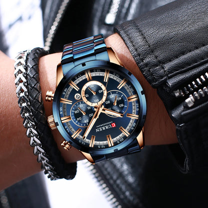 Curren Herrenuhr mit blauem Zifferblatt, Edelstahlarmband und Datumsanzeige – wasserdichte Business-Armbanduhr für Herren im Luxus-Stil