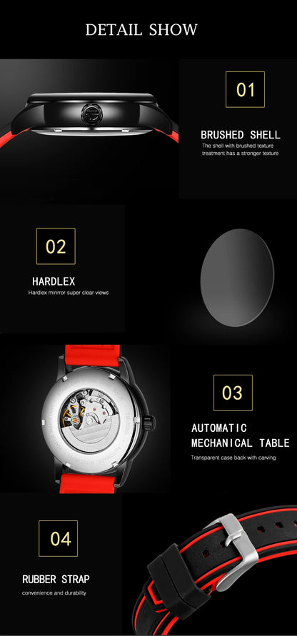 Men Wristwatch Blue White Dial Automatic Transparent Mechanical Watch Silicone Rubber Band Male Sport Clock Relogio Masculino